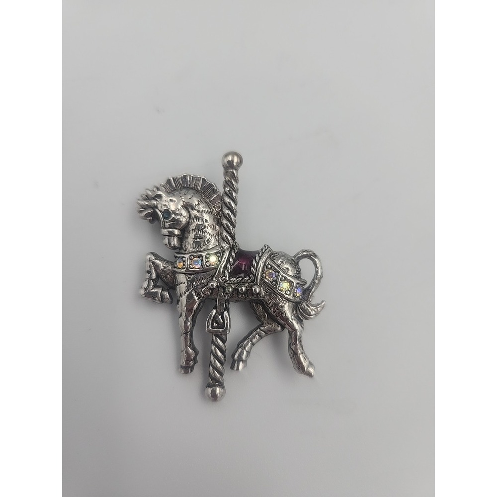 Brooch Pin Vintage Danecraft Carousel Horse Aurora Borealis Rhinestone